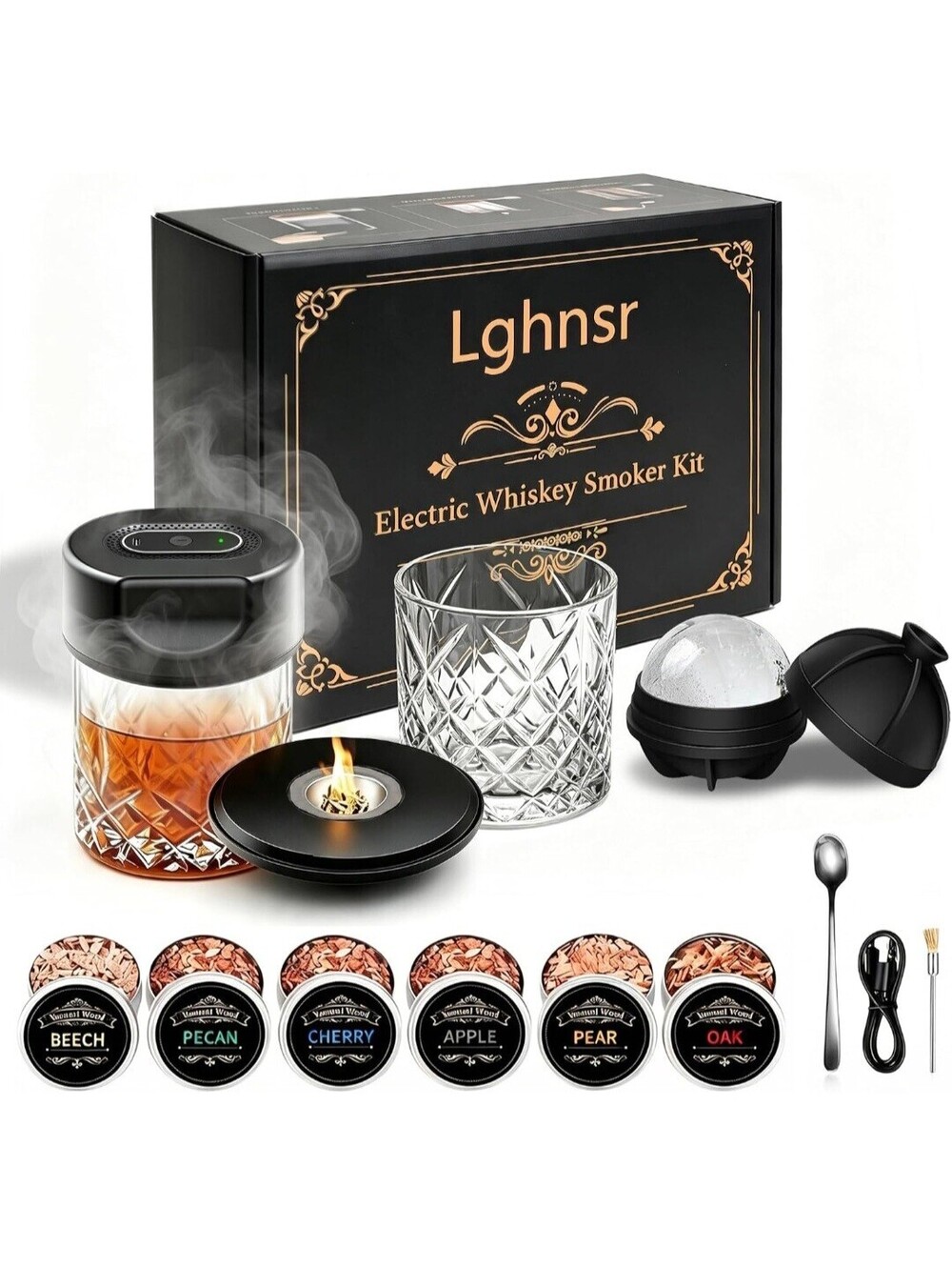 Electric Whiskey Smoker Kit with 6 Premium Wood Chip Flavors and Glass